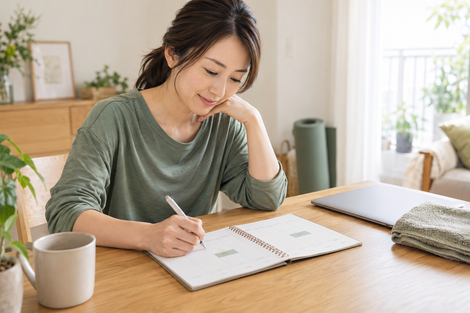 自宅で週間予定表を見ながら運動の時間を考える女性（AI生成のイメージ）