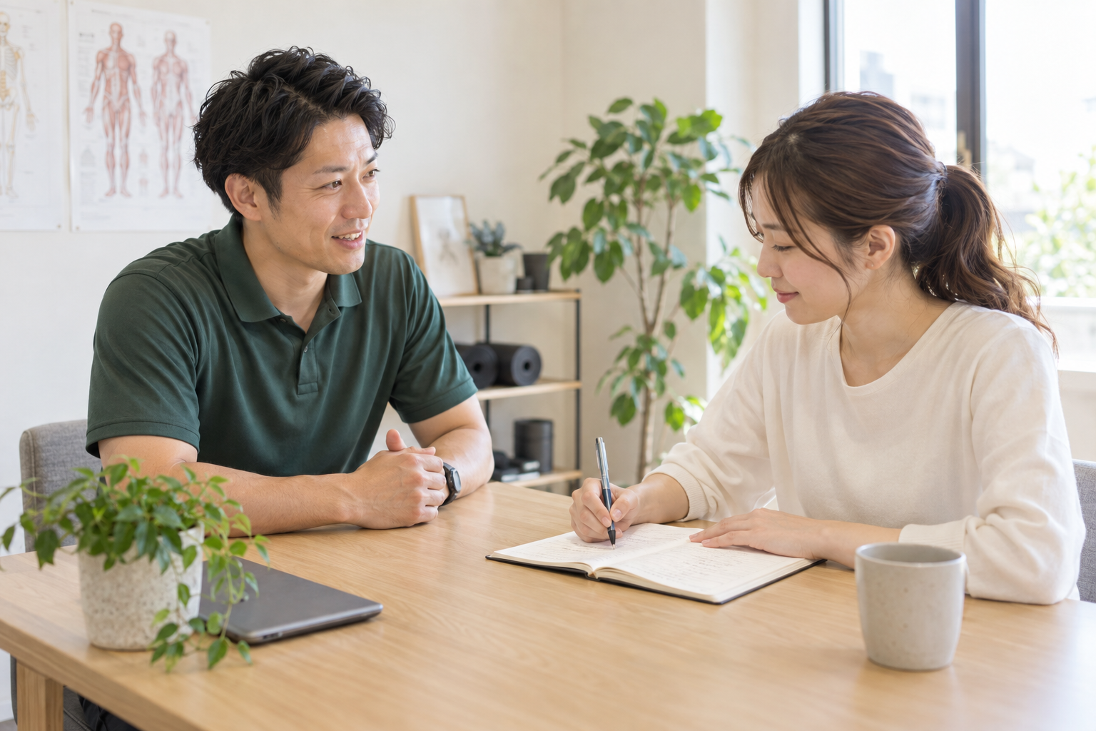 トレーナーと相談しながら、目標をノートに整理する女性（AI生成のイメージ）