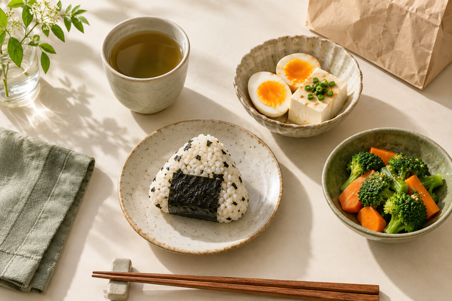 おにぎり、卵と豆腐、野菜を組み合わせた食事のイメージ